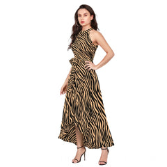Mayawye Women's Polyester Zebra Pattern Halter Neck Sleeveless Dress (Yellow)