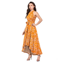 Mayawye Women's Polyester Printed Halter Neck Sleeveless Dress (Yellow)