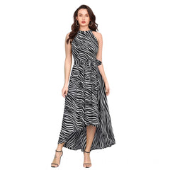 Mayawye Women's Polyester Zebra Pattern Halter Neck Sleeveless Dress (Navy Blue)