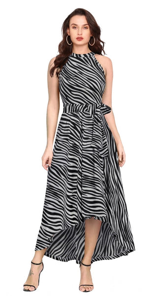 Mayawye Women's Polyester Zebra Pattern Halter Neck Sleeveless Dress (Navy Blue)