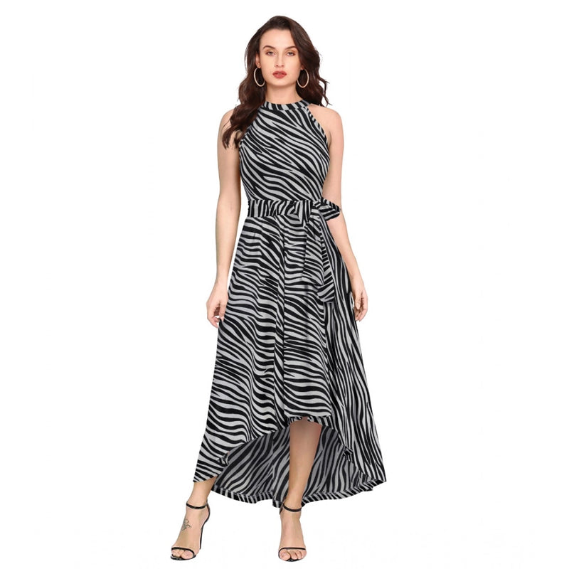 Mayawye Women's Polyester Zebra Pattern Halter Neck Sleeveless Dress (Navy Blue)