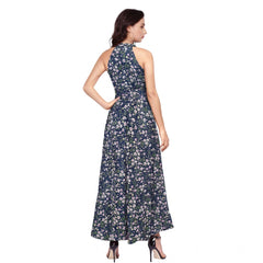 Mayawye Women's Polyester Printed Halter Neck Sleeveless Dress (Blue)
