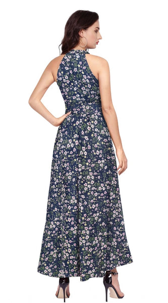 Mayawye Women's Polyester Printed Halter Neck Sleeveless Dress (Blue)