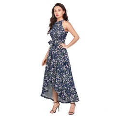 Mayawye Women's Polyester Printed Halter Neck Sleeveless Dress (Blue)