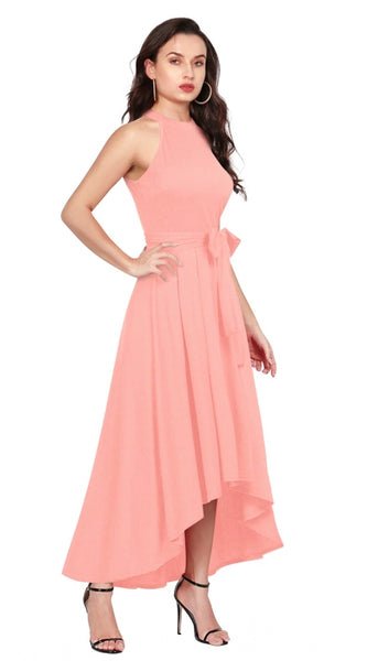 Mayawye Women's Polyster Solid Halter Neck Sleeveless Dress (Peach)