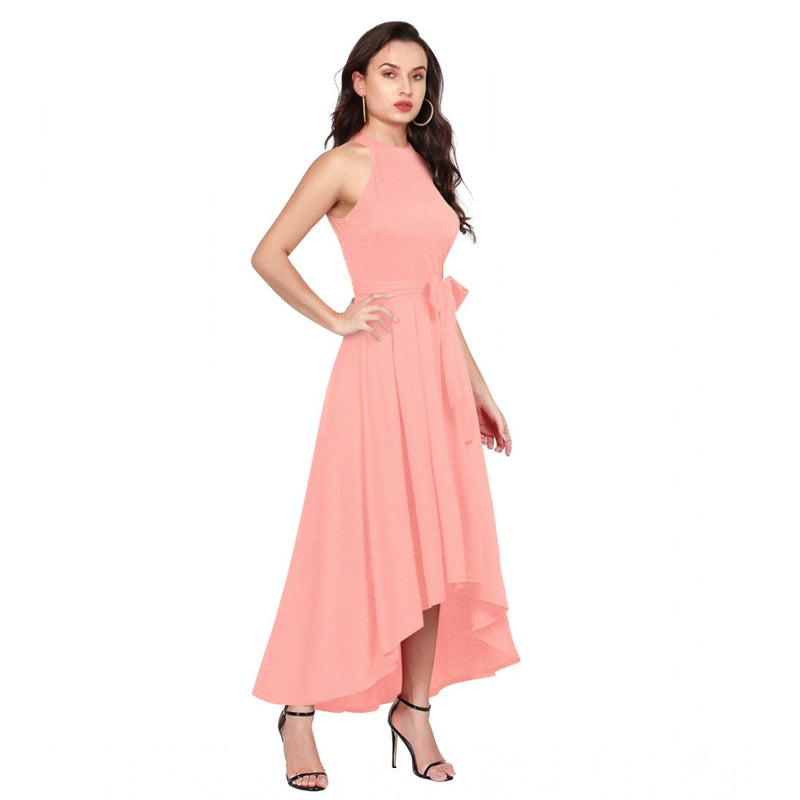 Mayawye Women's Polyster Solid Halter Neck Sleeveless Dress (Peach)