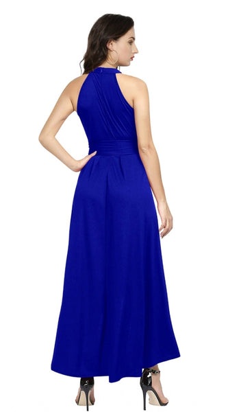 Mayawye Women's Polyster Solid Halter Neck Sleeveless Dress (Royal Blue)