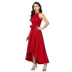 Mayawye Women's Polyster Solid Halter Neck Sleeveless Dress (Red)