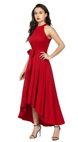 Mayawye Women's Polyster Solid Halter Neck Sleeveless Dress (Red)