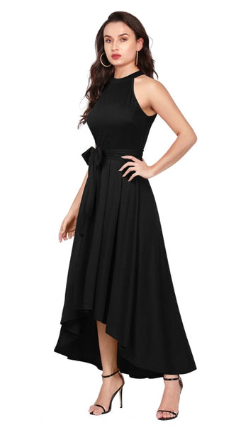Mayawye Women's Polyster Solid Halter Neck Sleeveless Dress (Black)