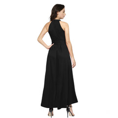 Mayawye Women's Polyster Solid Halter Neck Sleeveless Dress (Black)