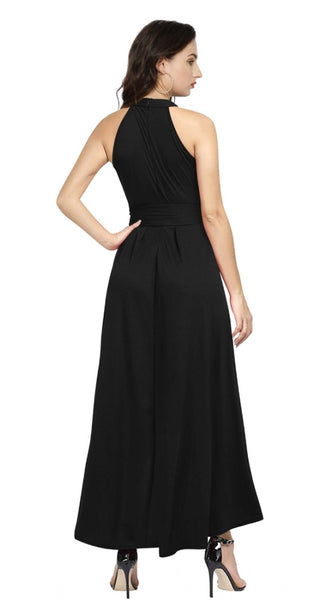 Mayawye Women's Polyster Solid Halter Neck Sleeveless Dress (Black)