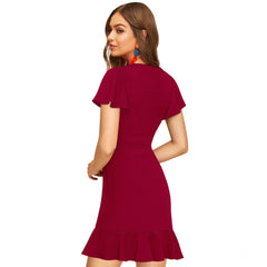 Mayawye Women's Knitting stretchable Solid V Neck Flaired Sleeve Dress (Maroon )