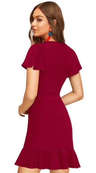 Mayawye Women's Knitting stretchable Solid V Neck Flaired Sleeve Dress (Maroon )