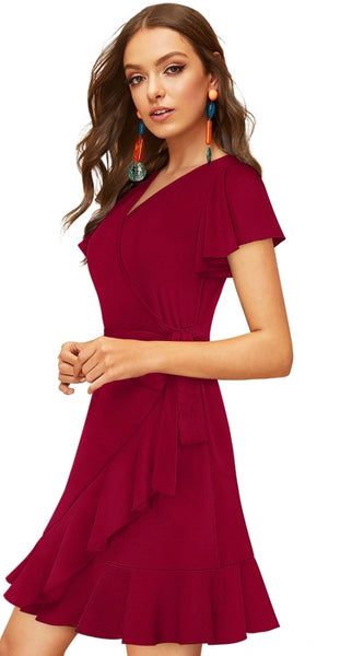 Mayawye Women's Knitting stretchable Solid V Neck Flaired Sleeve Dress (Maroon )