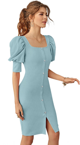 Mayawye Women's Knitting stretchable Solid Square Neck 3-4 Puff Sleeve Dress (Pista)