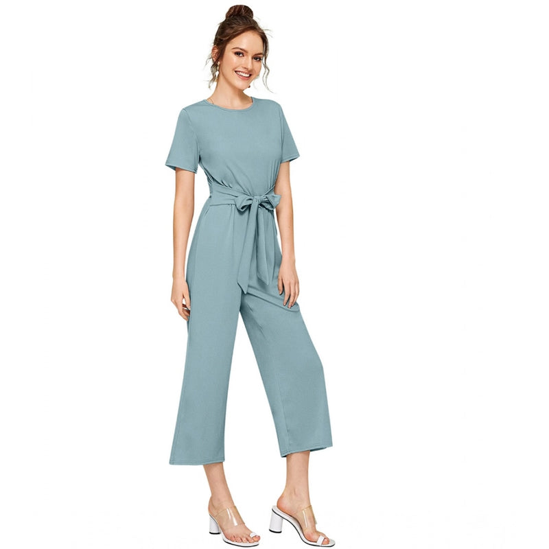 Mayawye Women's Knitting stretchable Solid Round Neck Cap Sleeve Jumpsuit (Pista )