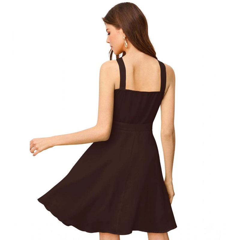 Mayawye Women's Knitting stretchable Solid Halter Neck Sleeveless Dress (Coffee)