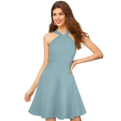 Mayawye Women's Knitting stretchable Solid Halter Neck Sleeveless Dress (Pista )
