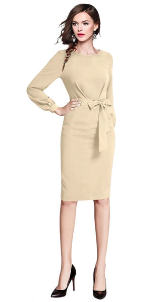 Mayawye Women's Knitting stretchable Solid Round Neck Full Sleeve Dress (Beige )