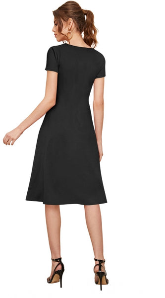 Mayawye Women's Knitting stretchable Solid Round Neck Cap Sleeve Dress (Black)