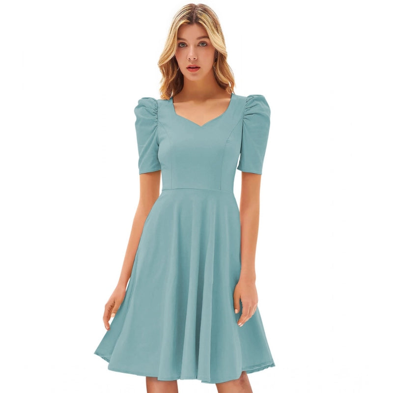 Mayawye Women's Knitting stretchable Solid V Neck Cap Sleeve Dress (Pista)