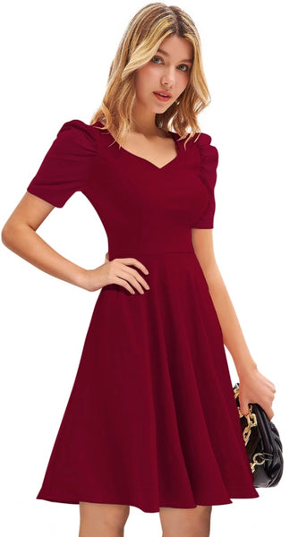 Mayawye Women's Knitting stretchable Solid V Neck Cap Sleeve Dress (Maroon)