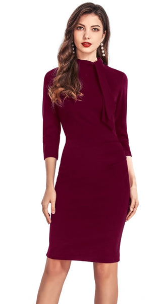 Mayawye Women's Knitting stretchable Solid Round Neck 3-4th Dress (Maroon)