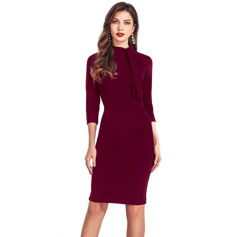 Mayawye Women's Knitting stretchable Solid Round Neck 3-4th Dress (Maroon)