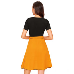 Mayawye Women's Knitting stretchable Solid Round Neck Cap Sleeve Dress (Yellow)