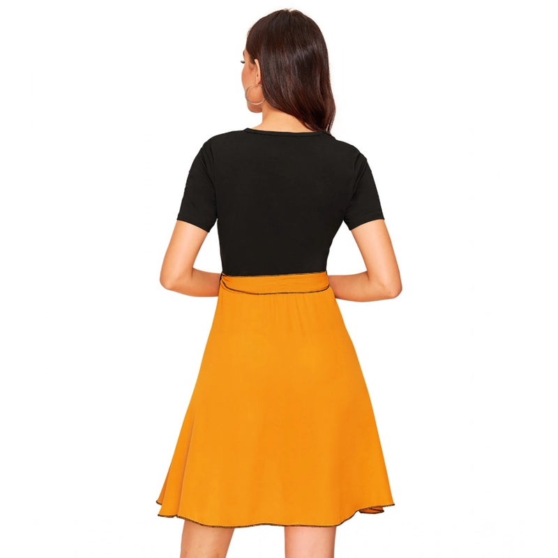 Mayawye Women's Knitting stretchable Solid Round Neck Cap Sleeve Dress (Yellow)
