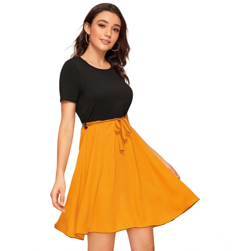 Mayawye Women's Knitting stretchable Solid Round Neck Cap Sleeve Dress (Yellow)