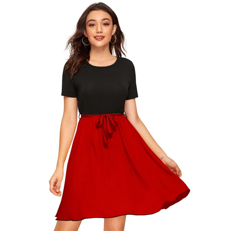 Mayawye Women's Knitting stretchable Solid Round Neck Cap Sleeve Dress (Red)