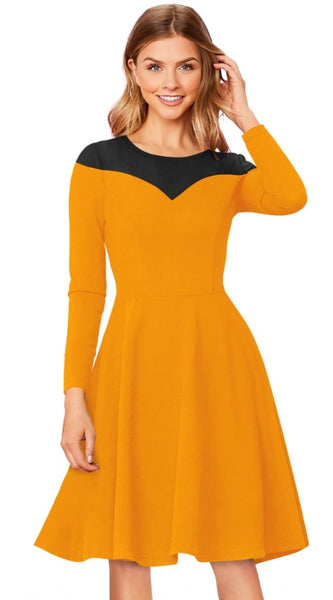 Mayawye Women's Knitting stretchable Solid Round Neck Full Sleeve Dress (Yellow)
