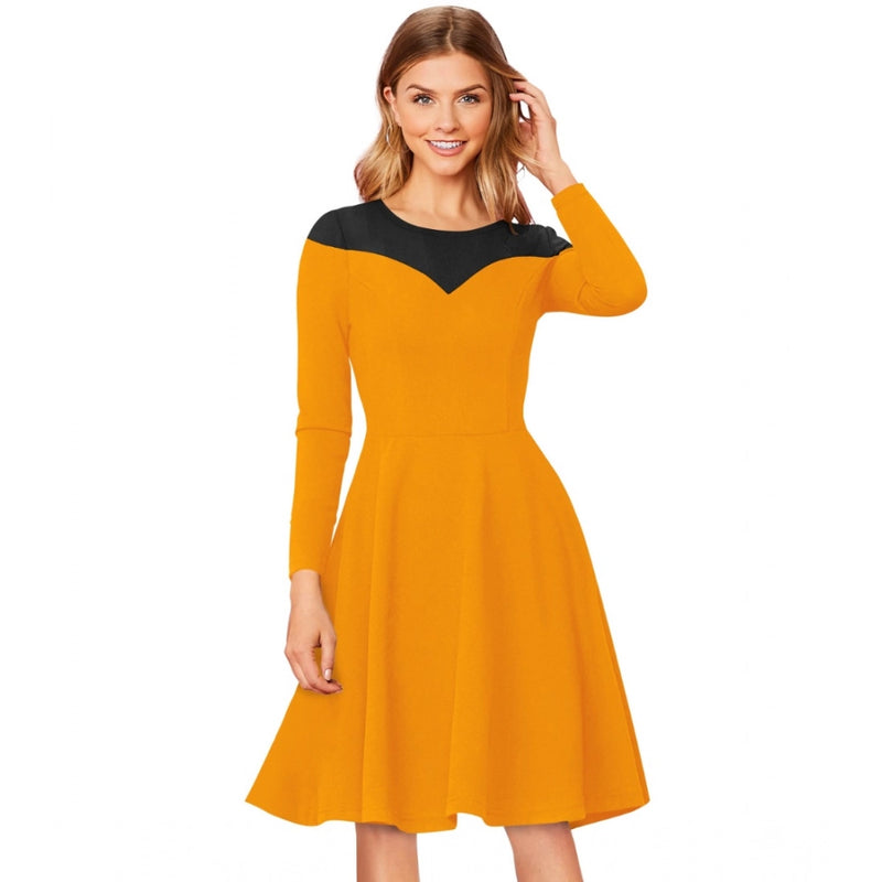 Mayawye Women's Knitting stretchable Solid Round Neck Full Sleeve Dress (Yellow)