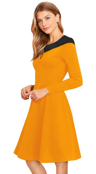 Mayawye Women's Knitting stretchable Solid Round Neck Full Sleeve Dress (Yellow)
