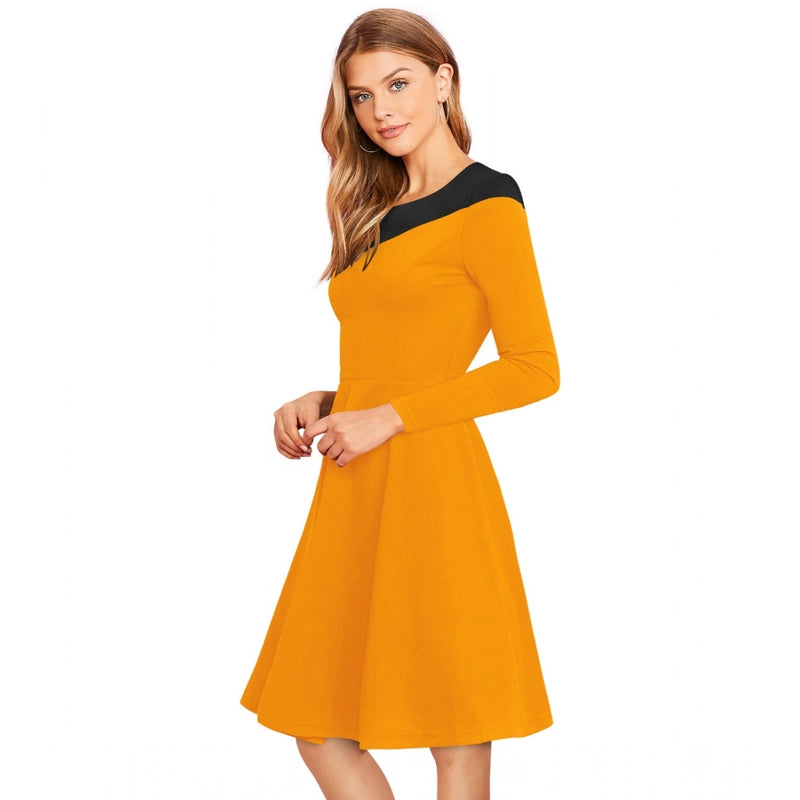 Mayawye Women's Knitting stretchable Solid Round Neck Full Sleeve Dress (Yellow)