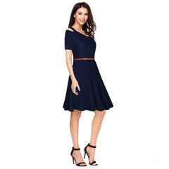 Mayawye Women's Polyester Solid V Neck Cap Sleeve Dress (Blue)