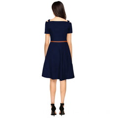 Mayawye Women's Polyester Solid V Neck Cap Sleeve Dress (Blue)
