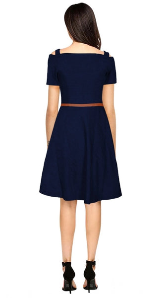 Mayawye Women's Polyester Solid V Neck Cap Sleeve Dress (Blue)