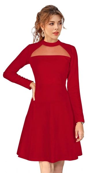 Mayawye Women's Knitting stretchable Solid Round Neck Full Sleeve Dress (Red)