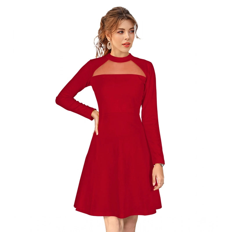 Mayawye Women's Knitting stretchable Solid Round Neck Full Sleeve Dress (Red)
