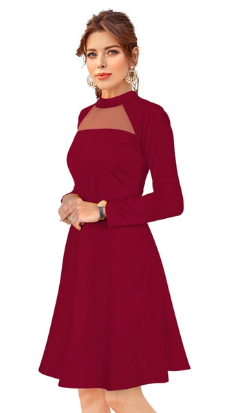 Mayawye Women's Knitting stretchable Solid Round Neck Full Sleeve Dress (Maroon)