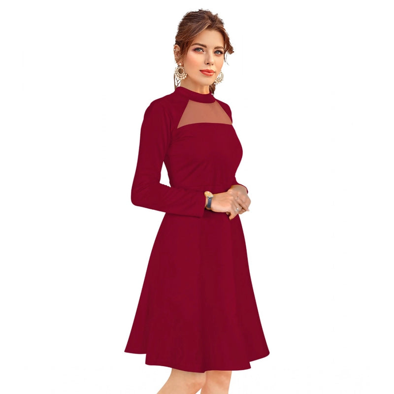 Mayawye Women's Knitting stretchable Solid Round Neck Full Sleeve Dress (Maroon)