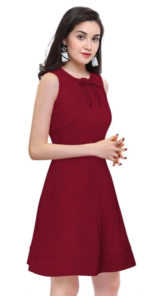Mayawye Women's Polyester Solid Round Neck Sleeveless Dress (Maroon)
