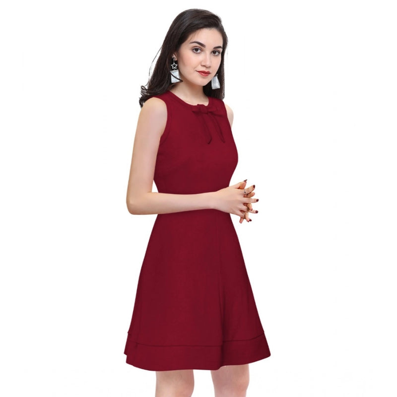 Mayawye Women's Polyester Solid Round Neck Sleeveless Dress (Maroon)