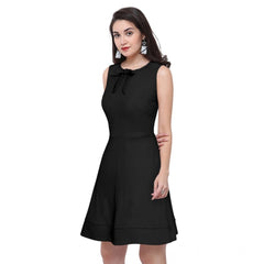 Mayawye Women's Polyester Solid Round Neck Sleeveless Dress (Black)