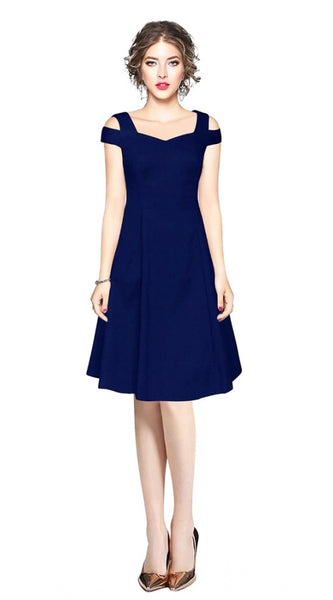 Mayawye Women's Polyester Solid V Neck Cap Sleeve off Shoulder Dress (Blue)