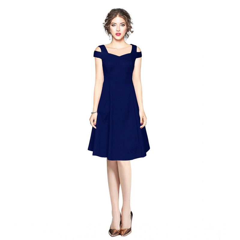 Mayawye Women's Polyester Solid V Neck Cap Sleeve off Shoulder Dress (Blue)