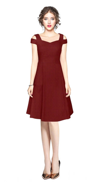 Mayawye Women's Polyester Solid V Neck Cap Sleeve off Shoulder Dress (Maroon)